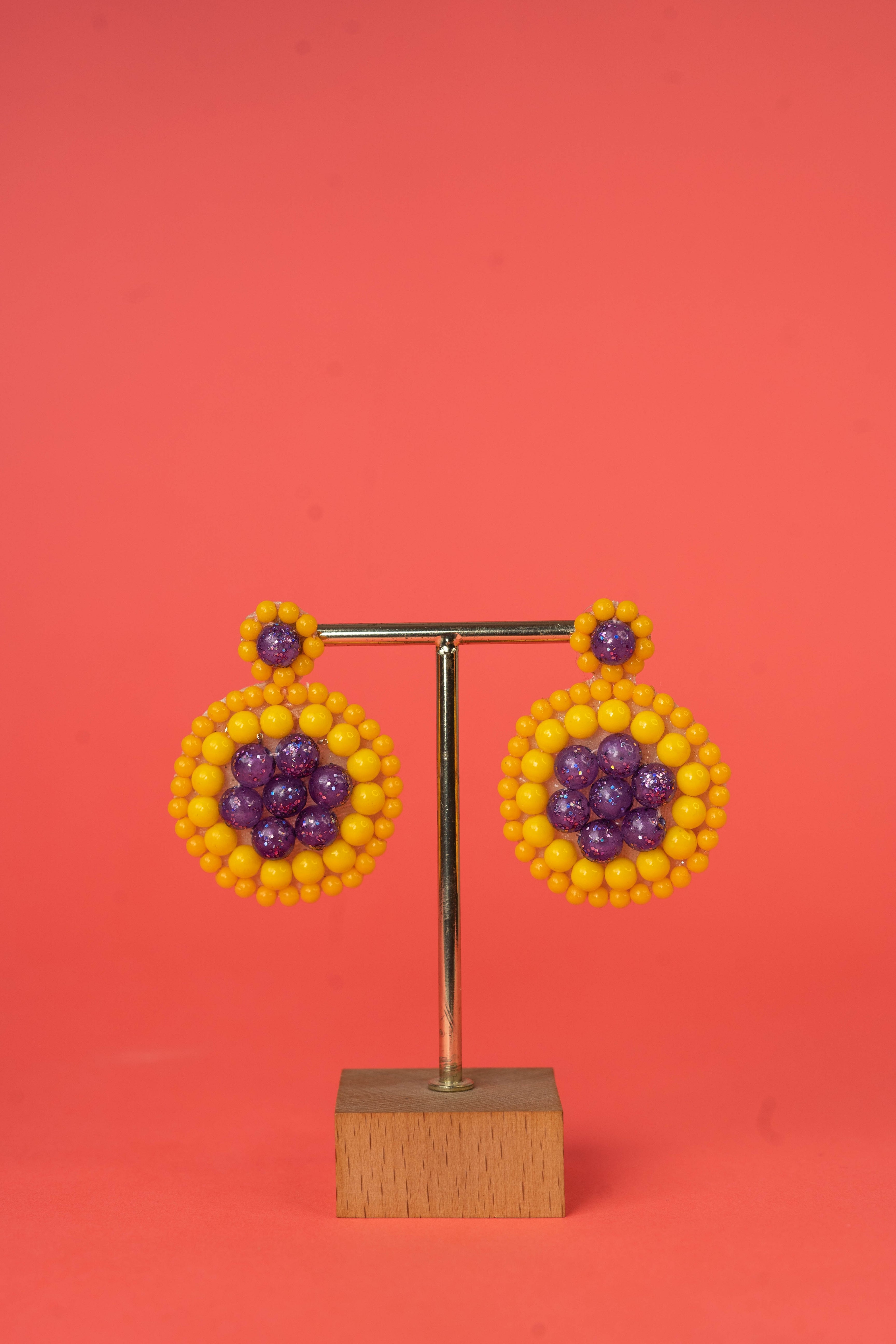 Yellow And Purple Pearl Beaded Handcrafted Earings